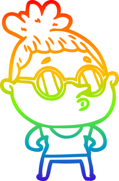 Gökkuşağı gradyan çizgi çizimi bir insan tarafından çizilmiş gözlük takan bir kadın.