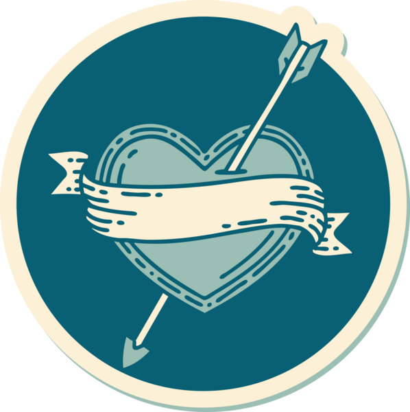 Bir insan tarafından çizilmiş ok kalp ve pankartın geleneksel stiliyle dövme çıkartması.