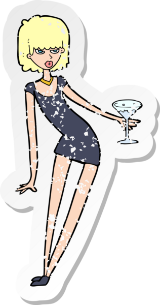 Bir insan tarafından çizilmiş kokteylli bir karikatür kadının gerilimli çıkartması.