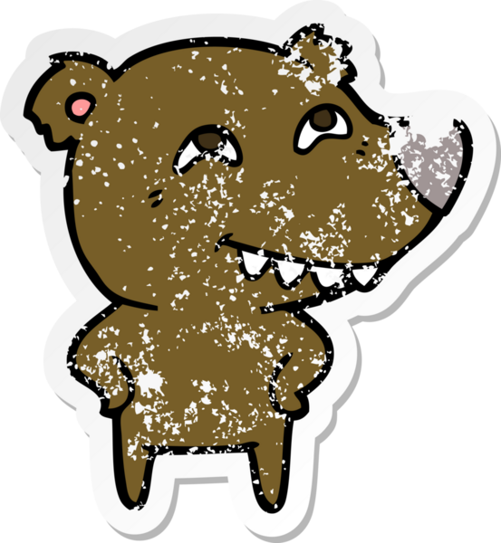 Bir insan tarafından çizilmiş dişleri gösteren bir çizgi film ayısının sıkıntılı çıkartması.