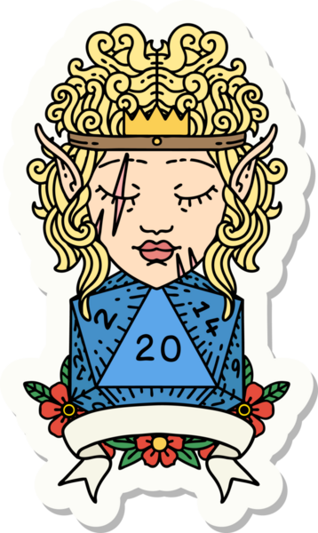 Bir insan tarafından çizilmiş 20 zarlı elf barbar karakterinin çıkartması.