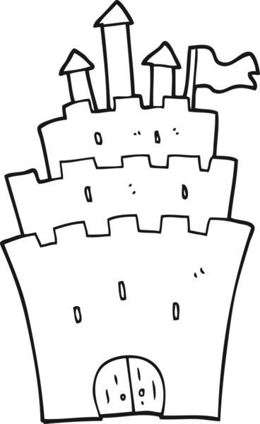 Bir insan tarafından çizilmiş siyah beyaz karikatür kalesi.