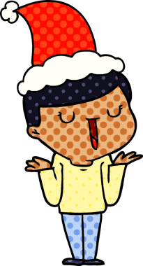 Bir insan tarafından çizilmiş Noel Baba şapkası giyen mutlu bir çocuğun el çizimi çizgi roman tasviri.