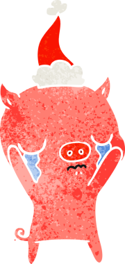 Bir insan tarafından çizilmiş Noel Baba şapkasıyla ağlayan bir domuzun el çizimi karikatürü