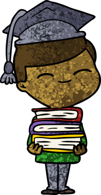 Bir insan tarafından çizilmiş kitap yığınıyla gülümseyen çocuk.