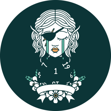 Ağlayan elf haydut karakteri ikonu. Bir insan tarafından çizilmiş doğal bir D20 rulosu.