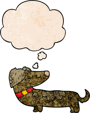 Bir insan tarafından çizilmiş grunge desenli düşünce baloncuğu olan çizgi film köpeği.