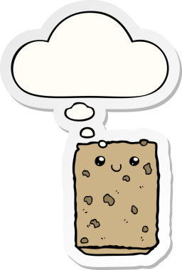 Düşünce baloncuklu çizgi film bisküvisi insan tarafından çizilmiş bir çıkartma.