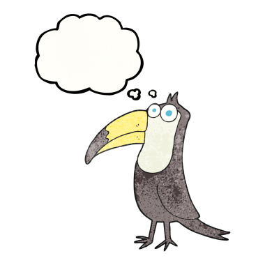 Bir insan tarafından çizilmiş serbest çizim düşünce kabarcığı desenli karikatür tukan.