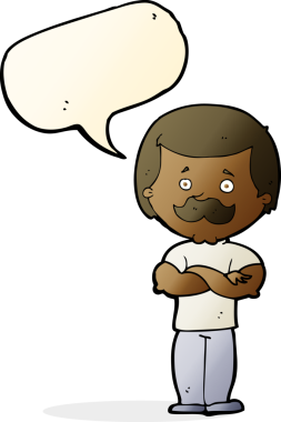 Bir insan tarafından çizilmiş konuşma baloncuğu olan erkek bıyıklı çizgi film adamı.