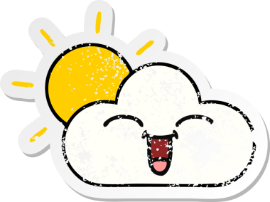 Sevimli bir çizgi film yıldızının sıkıntılı çıkartması ve bir insan tarafından çizilmiş bulut.