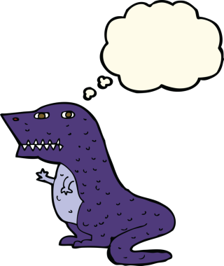 Bir insan tarafından çizilmiş düşünce baloncuklu bir dinozor.