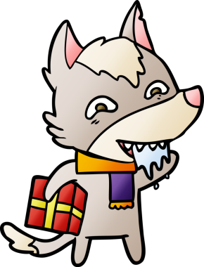 Çizgi film aç kurt elinde bir insan tarafından çizilmiş Noel hediyesini tutuyor.