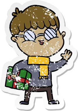 Bir insan tarafından çizilmiş hediye taşıyan gözlüklü bir çizgi film çocuğunun sıkıntılı çıkartması.