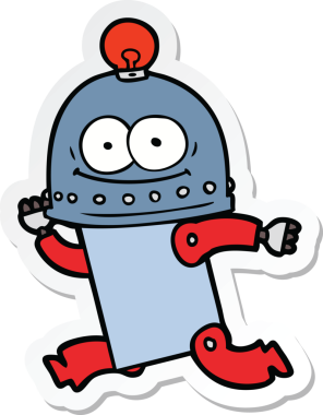 Bir insan tarafından çizilmiş mutlu bir karton robotun çıkartması.