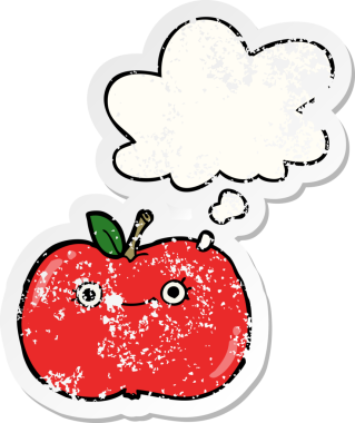 Düşünce baloncuğu olan sevimli çizgi film elması bir insan tarafından çizilmiş yıpranmış bir çıkartma.