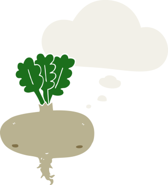 Düşünce baloncuğu olan pancar kökü insan tarafından çizilmiş.