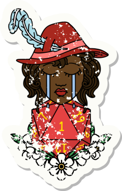 Retro Dövme Tarzı Ağlayan İnsan Ozanı Bir insan tarafından çizilmiş doğal bir D20 zar ile