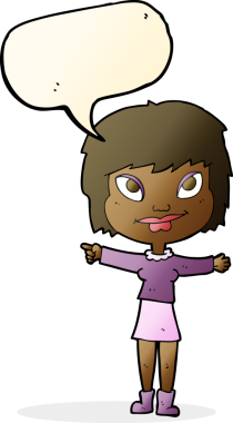 Bir insan tarafından çizilmiş bir konuşma balonuyla işaret eden çizgi film kadını.