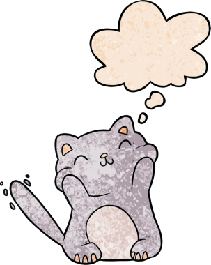 Bir insan tarafından çizilmiş grunge desenli düşünce baloncuklu çizgi film kedisi.