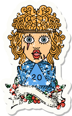 Bir insan tarafından çizilmiş doğal yirmi zarlı insan barbarının grunge sticker 'ı.