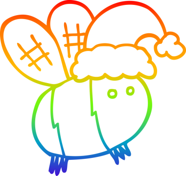 Gökkuşağı gradyan çizgisi bir insan tarafından çizilmiş noel şapkası takan sevimli bir çizgi arının çizimi