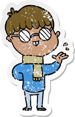 Bir insan tarafından çizilmiş gözlük takan çizgi film karakterinin sıkıntılı çıkartması.