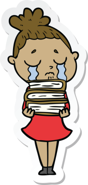 Bir insan tarafından çizilmiş kitap yığınıyla ağlayan bir karikatür çıkartması.