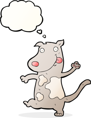 Bir insan tarafından çizilmiş düşünce balonlu mutlu bir köpek.