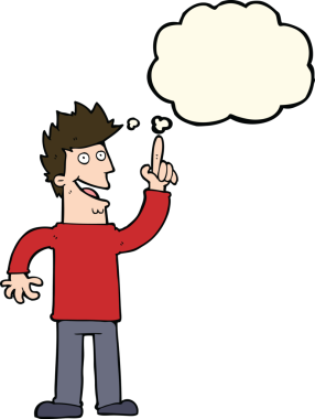 Bir insan tarafından çizilmiş düşünce baloncuğu olan yeni harika bir fikri olan çizgi film adamı.