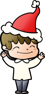 Bir insan tarafından çizilmiş Noel Baba şapkası giyen mutlu bir çocuğun el çizimi karikatürü.