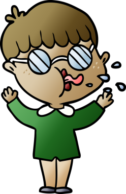 Bir insan tarafından çizilmiş gözlük takan çizgi film çocuğu.