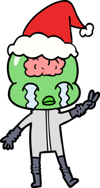 Bir insan tarafından çizilmiş Noel Baba şapkasıyla ağlayan ve barış işareti yapan büyük beyinli bir uzaylının el çizimi.