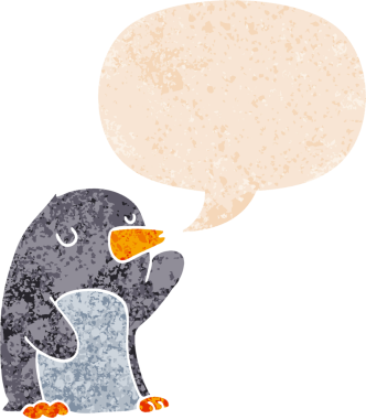 grunge 'da konuşma balonu olan karikatür pengueni bir insan tarafından çizilmiş tedirgin geçmiş dokulara sahip.