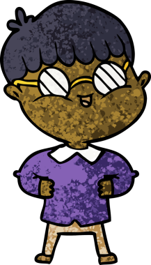 Bir insan tarafından çizilmiş gözlük takan çizgi film çocuğu.