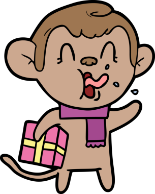 Bir insan tarafından çizilmiş Noel hediyesi olan çılgın çizgi film maymunu.