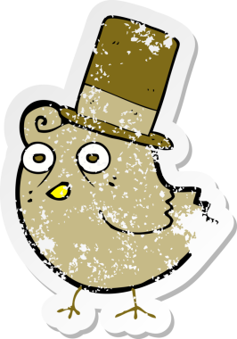 Bir insan tarafından çizilmiş şapka giyen çizgi film kuşunun gerilimli retro çıkartması.