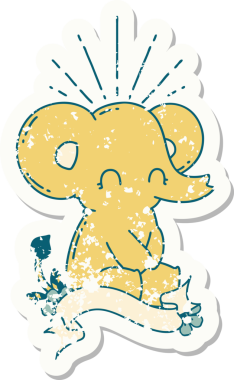 Dövme stili eski bir çıkartma. Bir insan tarafından çizilmiş şirin bir fil.