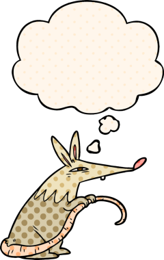 Çizgi roman tarzında düşünce baloncuğu olan çizgi film faresi insan tarafından çizilmiş.