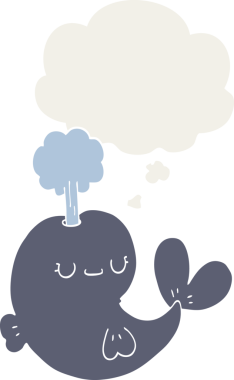 Düşünce baloncuğu olan sevimli bir balina insan tarafından çizilmiş.