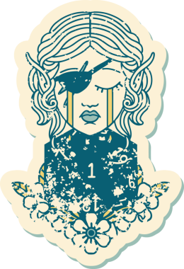 Retro Dövme Tarzı Ağlayan Elf düzenbaz karakter yüzü ve bir insan tarafından çizilmiş doğal bir D20 rulo