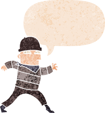 Bir insan tarafından çizilmiş grunge dertli retro tarzı konuşma baloncuğu ile çizgi film hırsızı