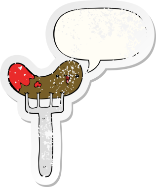 çizgi film sosis ve çatal konuşma baloncuğu bir insan tarafından çizilmiş sıkıntılı eski bir çıkartma