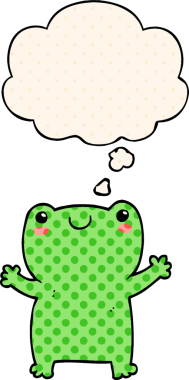 Bir insan tarafından çizilmiş çizgi roman tarzında düşünce baloncuğu olan şirin bir kurbağa.