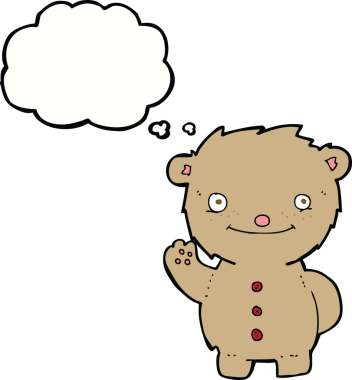 Bir insan tarafından çizilmiş düşünce balonlu oyuncak ayıyı sallayan çizgi film.