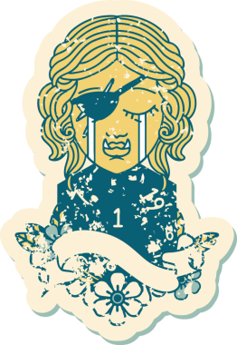 Retro Dövme Tarzı Ağlayan Ork karakter yüzü ve bir insan tarafından çizilmiş bir d20 zar.