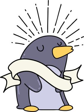 Bir insan tarafından çizilmiş mutlu penguen dövmeli parşömen.