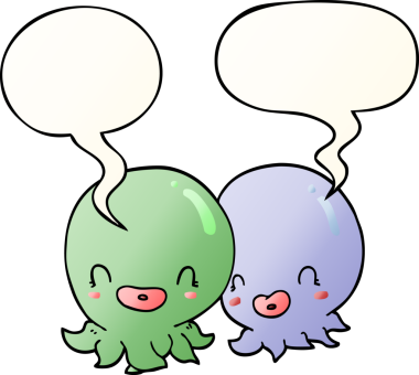 İki çizgi film ahtapotu, bir insan tarafından çizilmiş düzgün eğimli konuşma baloncuğu.