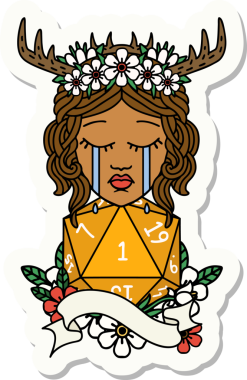 Ağlayan bir insan Druid 'inin çıkartması D20 doğal bir rulo insan tarafından çizilmiş.