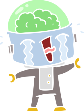 Bir insan tarafından çizilmiş düz renkli karikatür ağlayan robot.